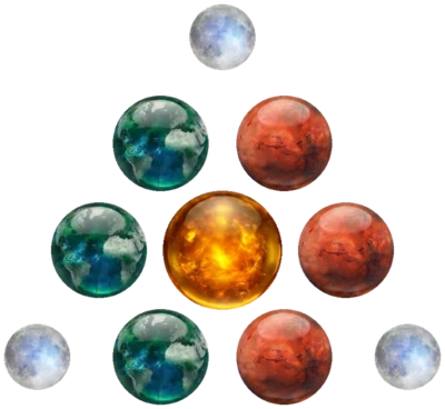 Ten polished stone spheres arranged in a triangle of four rows, one above two above three above four.
